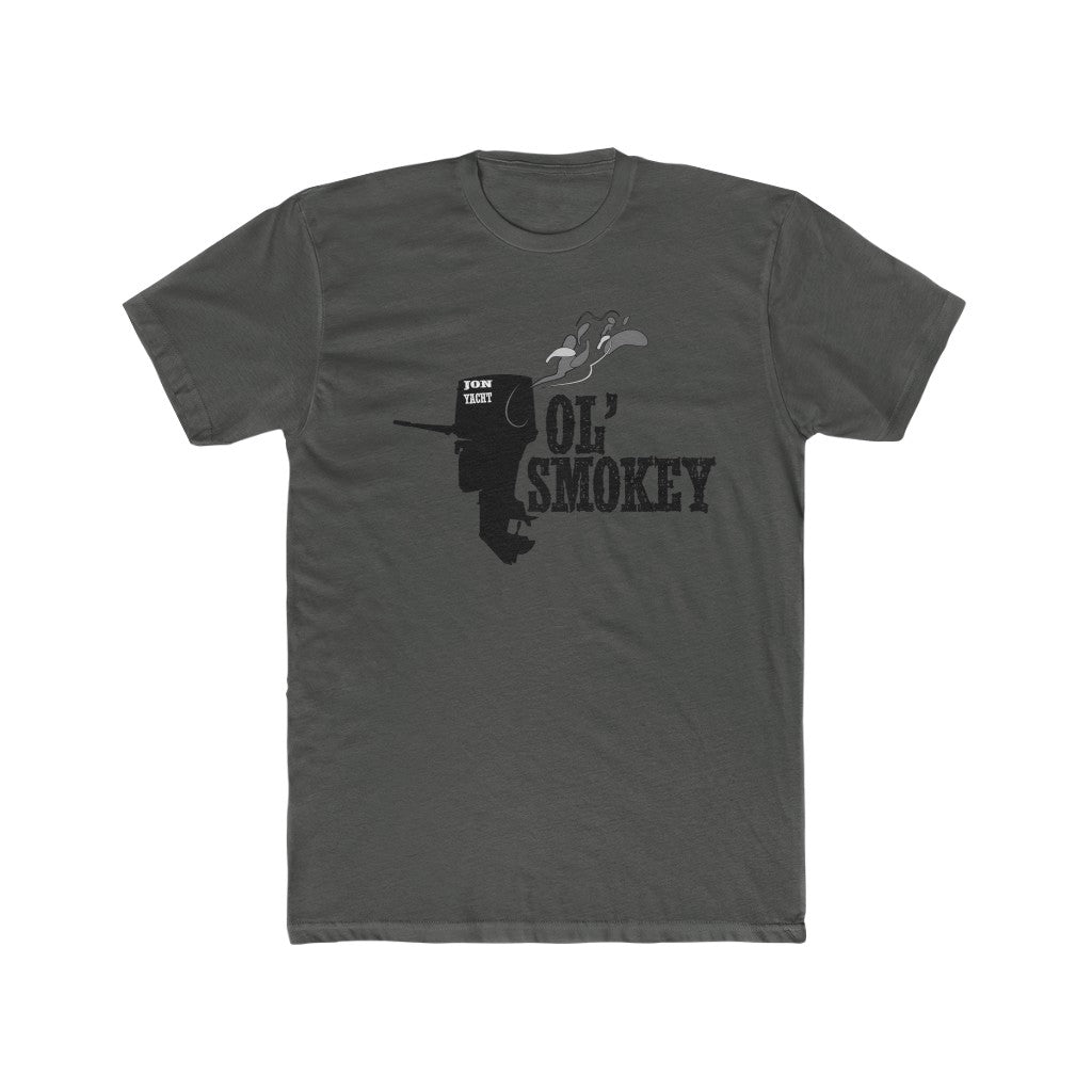 Jon Yacht Ol' Smokey Tee: Dark grey premium fit t-shirt with black "Ol' Smokey" outboard motor graphic.