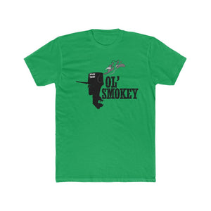 Jon Yacht Ol' Smokey Tee: Green premium fit soft cotton t-shirt with black outboard motor graphic.