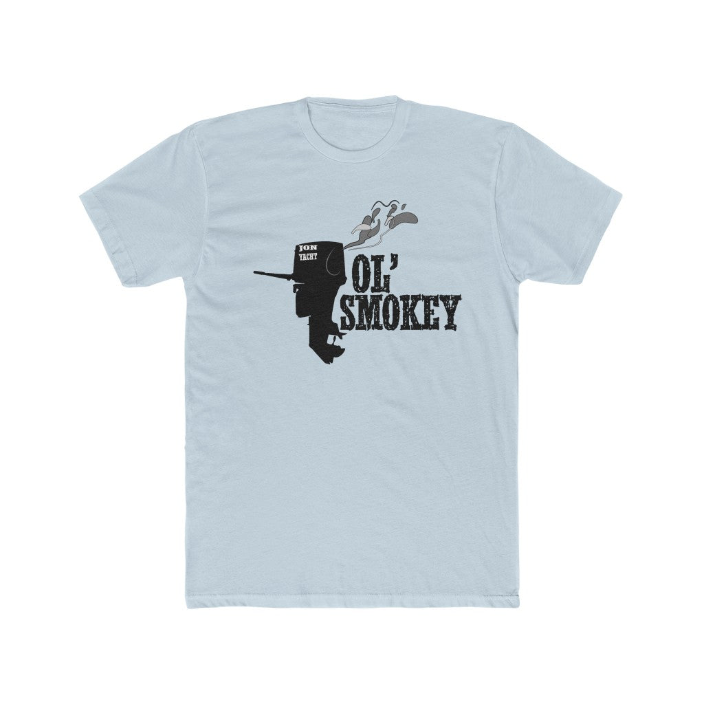 Light blue Jon Yacht Ol' Smokey tee with a black outboard motor graphic and distressed text.