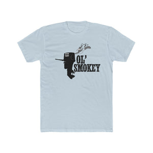 Light blue Jon Yacht Ol' Smokey tee with a black outboard motor graphic and distressed text.