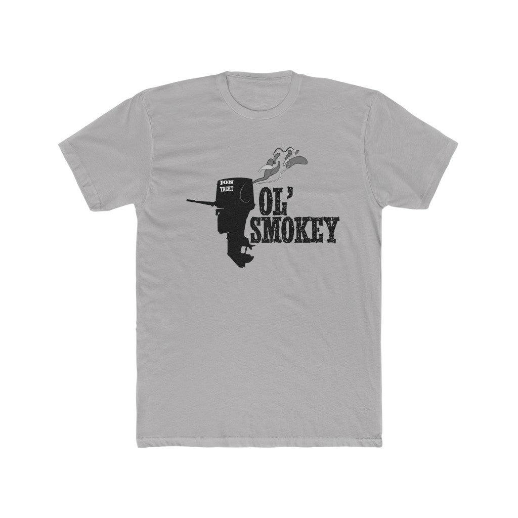 Gray Jon Yacht Ol' Smokey premium fit tee with black outboard motor graphic and smoke.