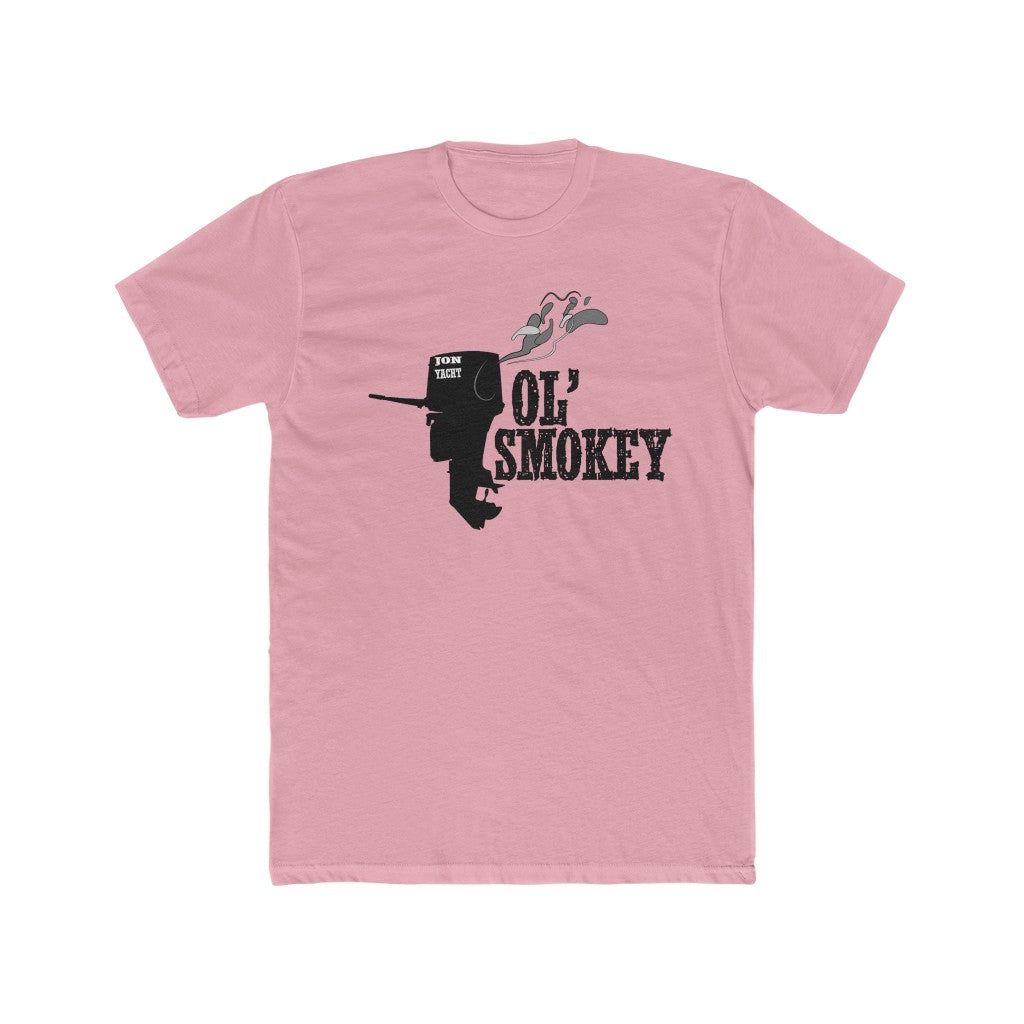 Pink Jon Yacht Ol' Smokey Tee with black outboard motor graphic and distressed text.