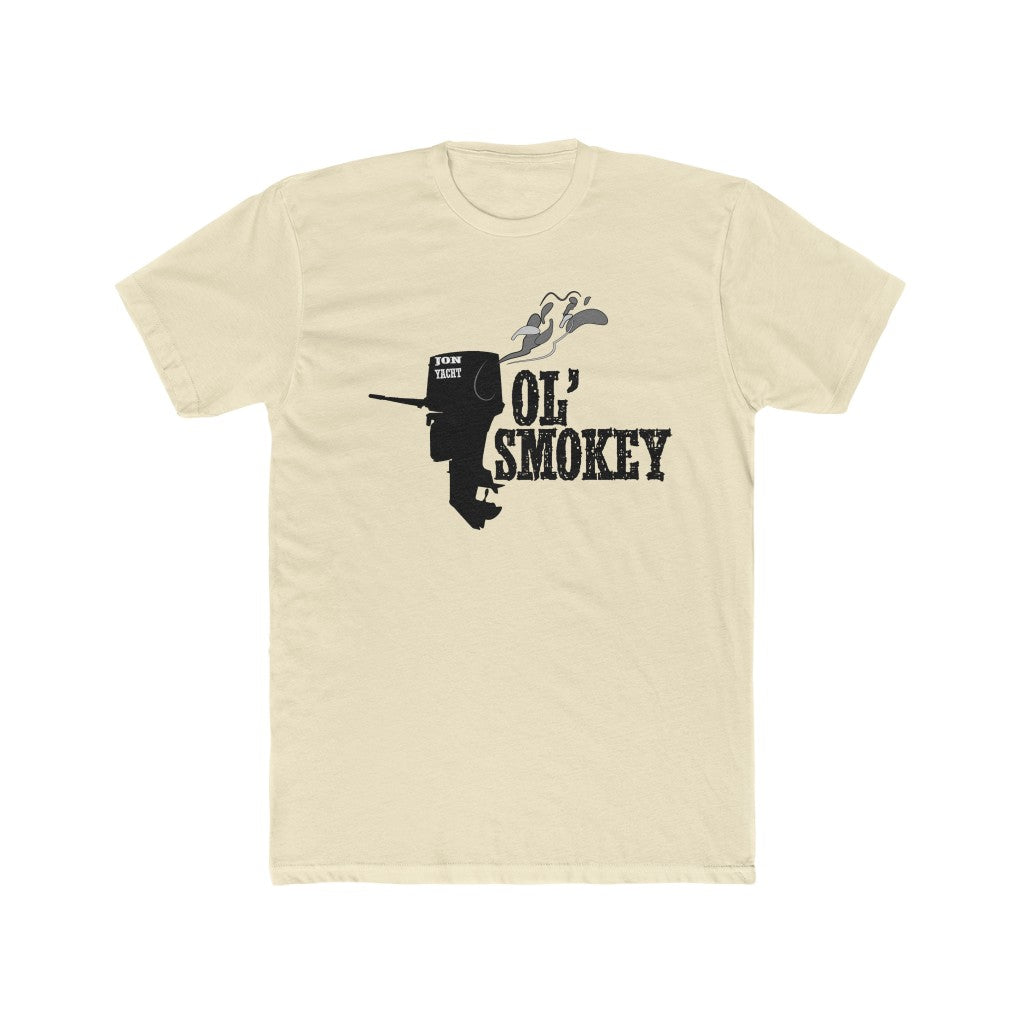 Jon Yacht Ol' Smokey Tee: Light beige premium fit soft cotton t-shirt with black outboard motor and "Ol' Smokey" graphic.
