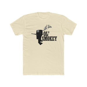 Jon Yacht Ol' Smokey Tee: Light beige premium fit soft cotton t-shirt with black outboard motor and "Ol' Smokey" graphic.