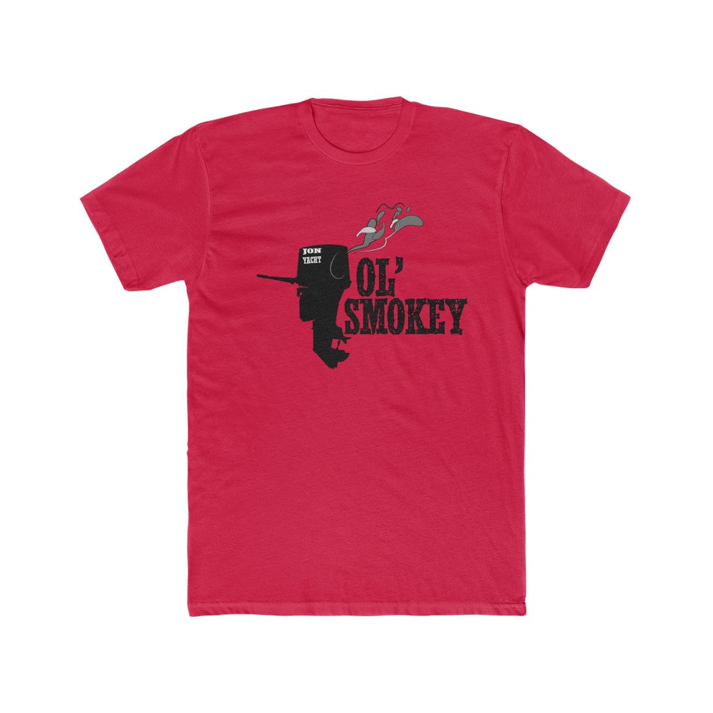 Jon Yacht Ol' Smokey Tee: Red premium fit soft cotton t-shirt with black outboard motor graphic and "Ol' Smokey" text.