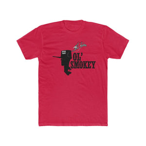 Jon Yacht Ol' Smokey Tee: Red premium fit soft cotton t-shirt with black outboard motor graphic and "Ol' Smokey" text.