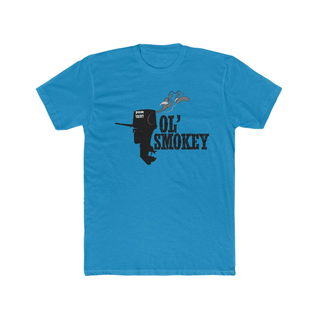 Jon Yacht Ol' Smokey Tee: Blue soft cotton t-shirt with black outboard motor graphic and "OL' SMOKEY" text.