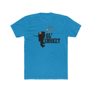 Jon Yacht Ol' Smokey Tee: Blue soft cotton t-shirt with black outboard motor graphic and "OL' SMOKEY" text.