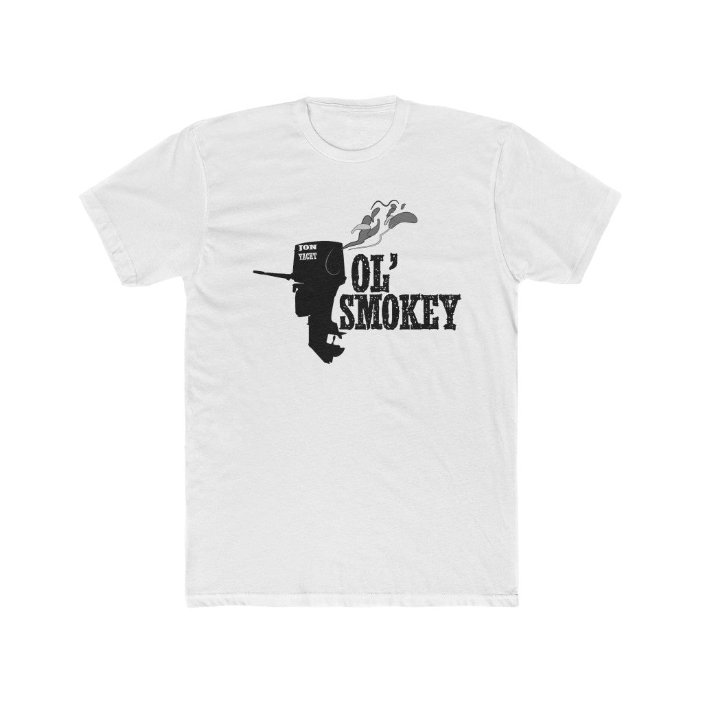 White Jon Yacht Ol' Smokey premium fit tee with black outboard motor graphic and smoke.