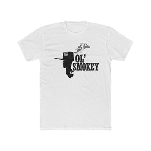 White Jon Yacht Ol' Smokey premium fit tee with black outboard motor graphic and smoke.