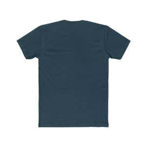 Back of a plain, dark blue Jon Yacht Old Yeller premium fit t-shirt made of soft cotton.