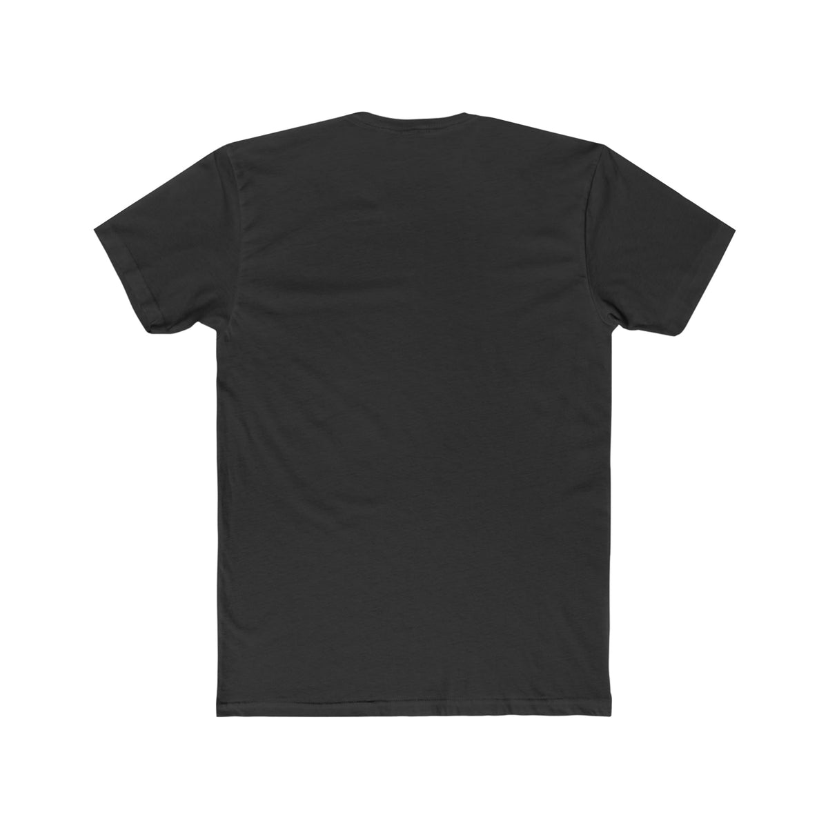 Black premium fit soft cotton t-shirt, back view, light fabric, tear away label.