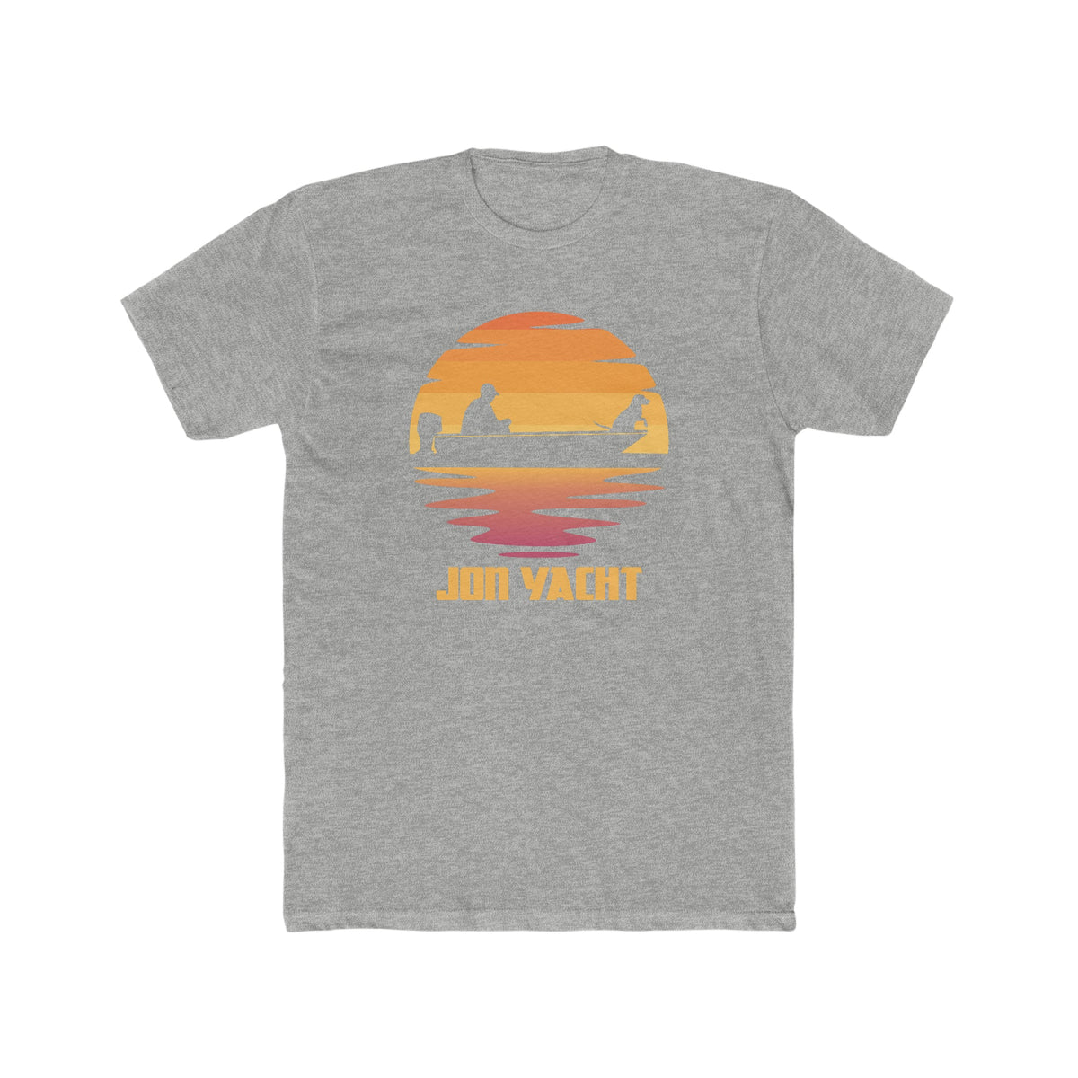 Gray Jon Yacht Old Yeller premium fit t-shirt with a sunset boat graphic.