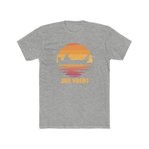 Gray Jon Yacht Old Yeller premium fit t-shirt with a sunset boat graphic.