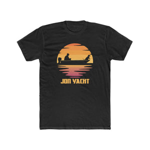 Black Jon Yacht t-shirt with a sunset graphic of a man and dog in a boat.
