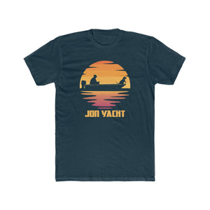 Navy blue Jon Yacht t-shirt with a sunset graphic of a man and dog in a boat.