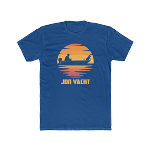 Blue Jon Yacht t-shirt with a sunset graphic of a man and dog in a boat.