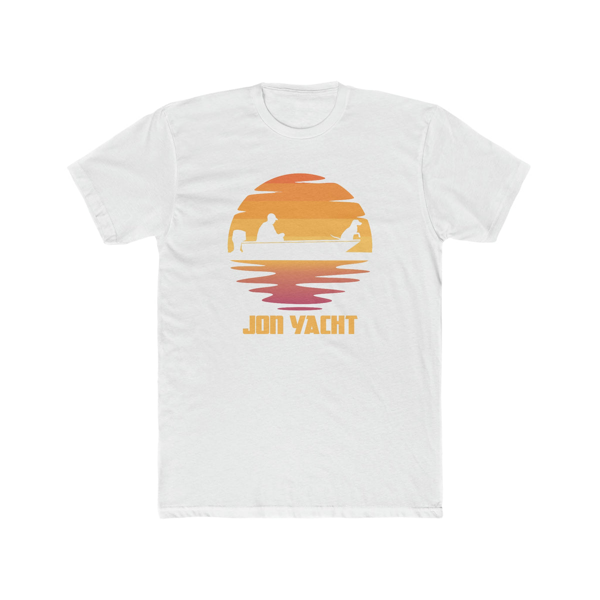 White cotton t-shirt with a sunset graphic featuring a boat, two people, and "JON YACHT" text.