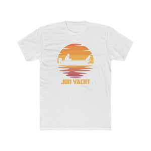White cotton t-shirt with a sunset graphic featuring a boat, two people, and "JON YACHT" text.