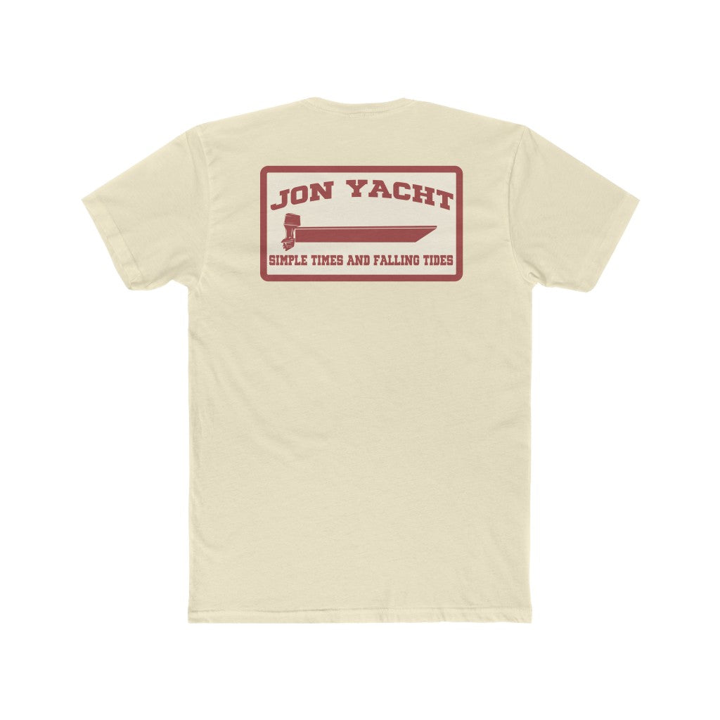 Cream Jon Yacht Simple Times t-shirt with a red graphic of a boat and text on the back.