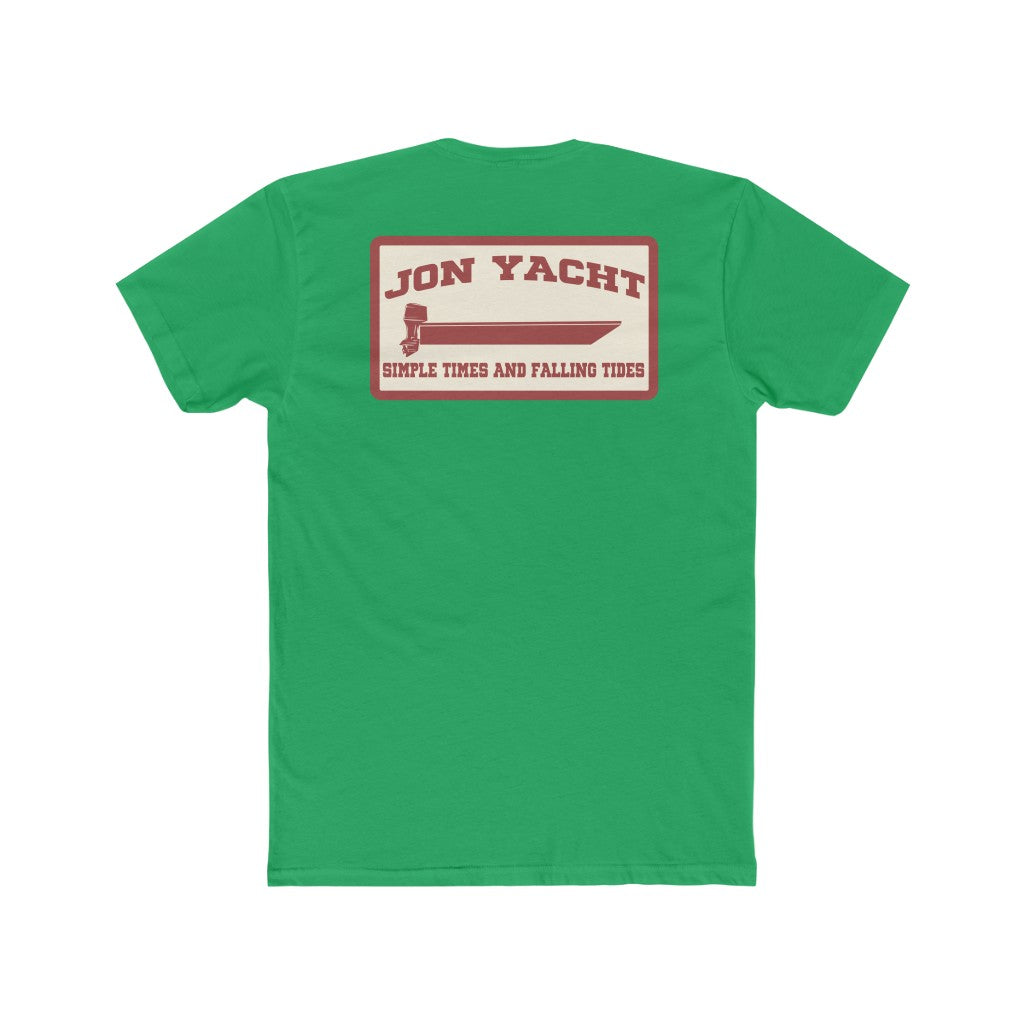 Green Jon Yacht Simple Times t-shirt with a red and tan boat graphic on the back.