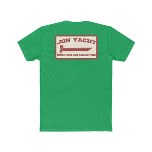 Green Jon Yacht Simple Times t-shirt with a red and tan boat graphic on the back.