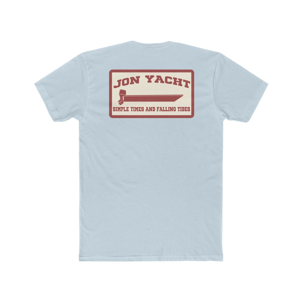 Light blue Jon Yacht Simple Times t-shirt with a red and cream graphic of a boat and outboard motor.