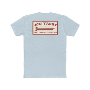 Light blue Jon Yacht Simple Times t-shirt with a red and cream graphic of a boat and outboard motor.
