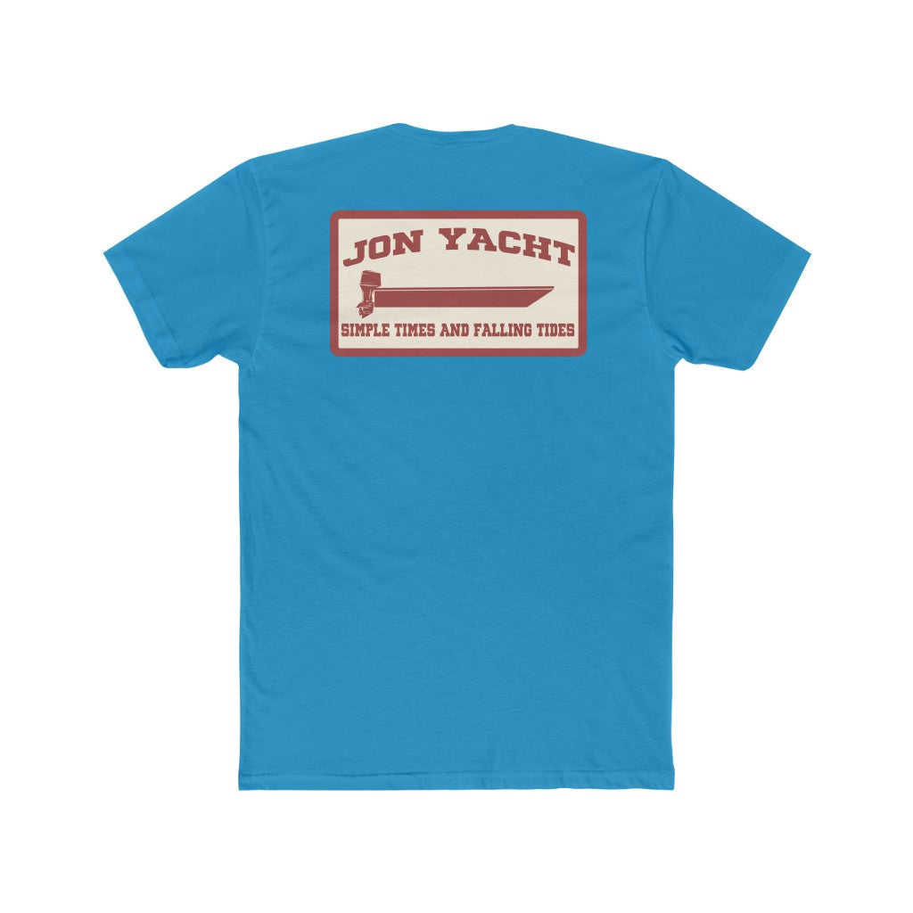 Blue Jon Yacht Simple Times t-shirt with a red rectangular graphic featuring a boat and text.