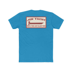Blue Jon Yacht Simple Times t-shirt with a red rectangular graphic featuring a boat and text.