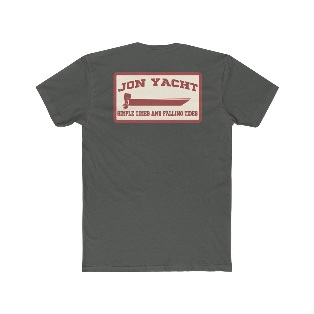 Charcoal grey Jon Yacht Simple Times t-shirt with a red and cream boat graphic on the back.