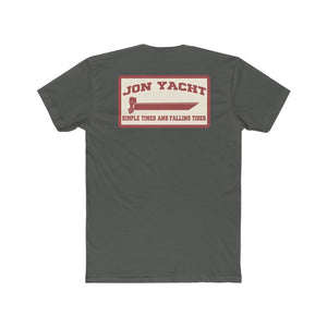 Charcoal grey Jon Yacht Simple Times t-shirt with a red and cream boat graphic on the back.