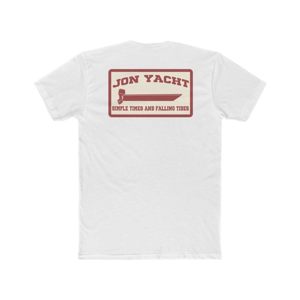White Jon Yacht Simple Times t-shirt with a red and tan boat graphic on the back.
