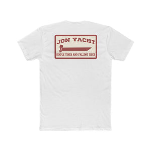 White Jon Yacht Simple Times t-shirt with a red and tan boat graphic on the back.