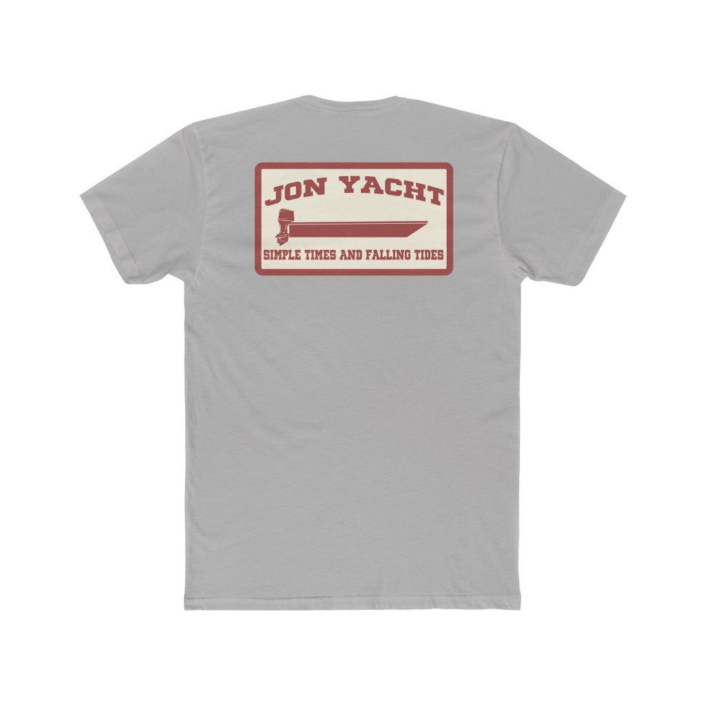 Light gray Jon Yacht Simple Times t-shirt with a red and cream graphic of a boat and outboard motor.