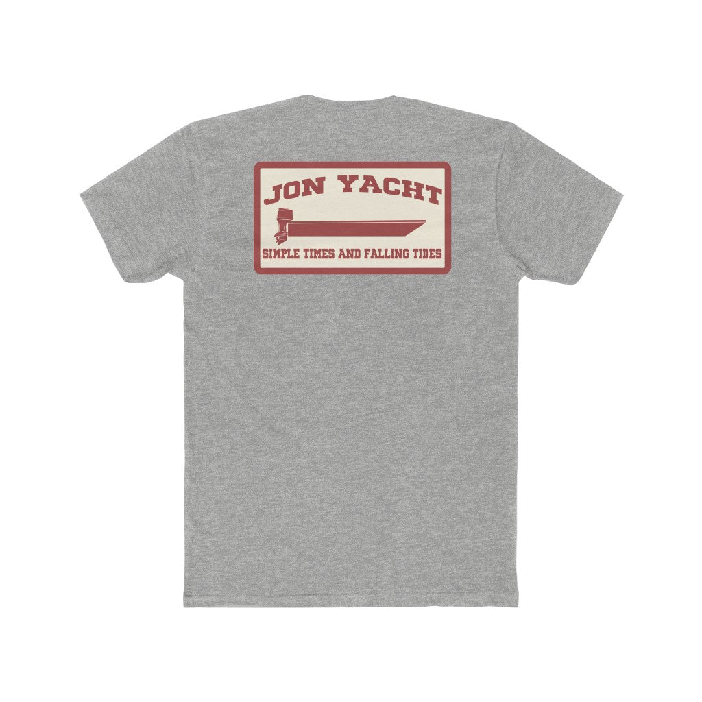 Gray Jon Yacht Simple Times t-shirt with a red and cream boat graphic on the back.