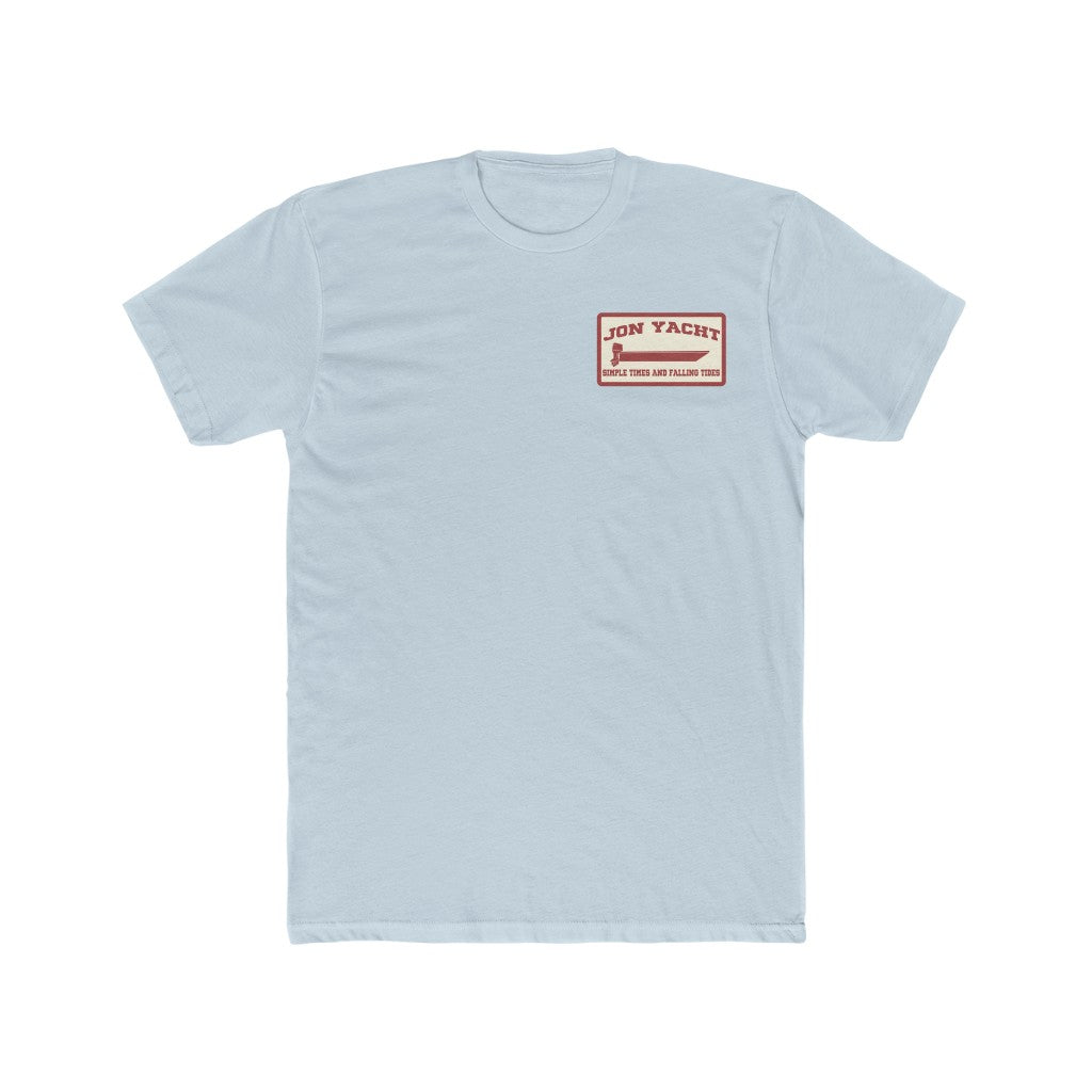 Light blue Jon Yacht Simple Times t-shirt with a red boat logo on the left chest.