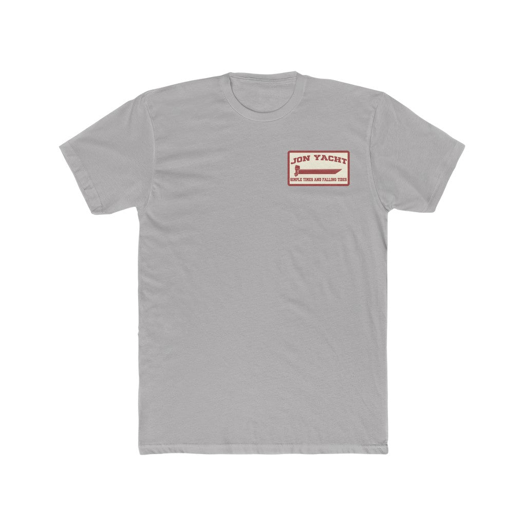 Light grey Jon Yacht Simple Times t-shirt with a red boat logo on the left chest.