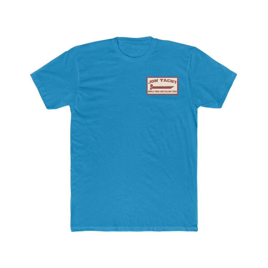 Blue Jon Yacht Simple Times premium fit cotton t-shirt with a red and white boat logo on the left chest.