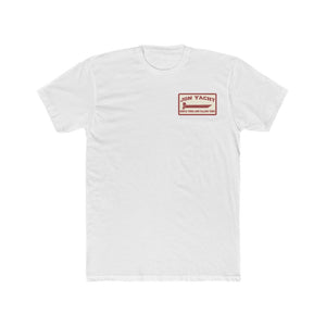 White premium fit Jon Yacht Simple Times t-shirt with a red boat logo on the left chest.