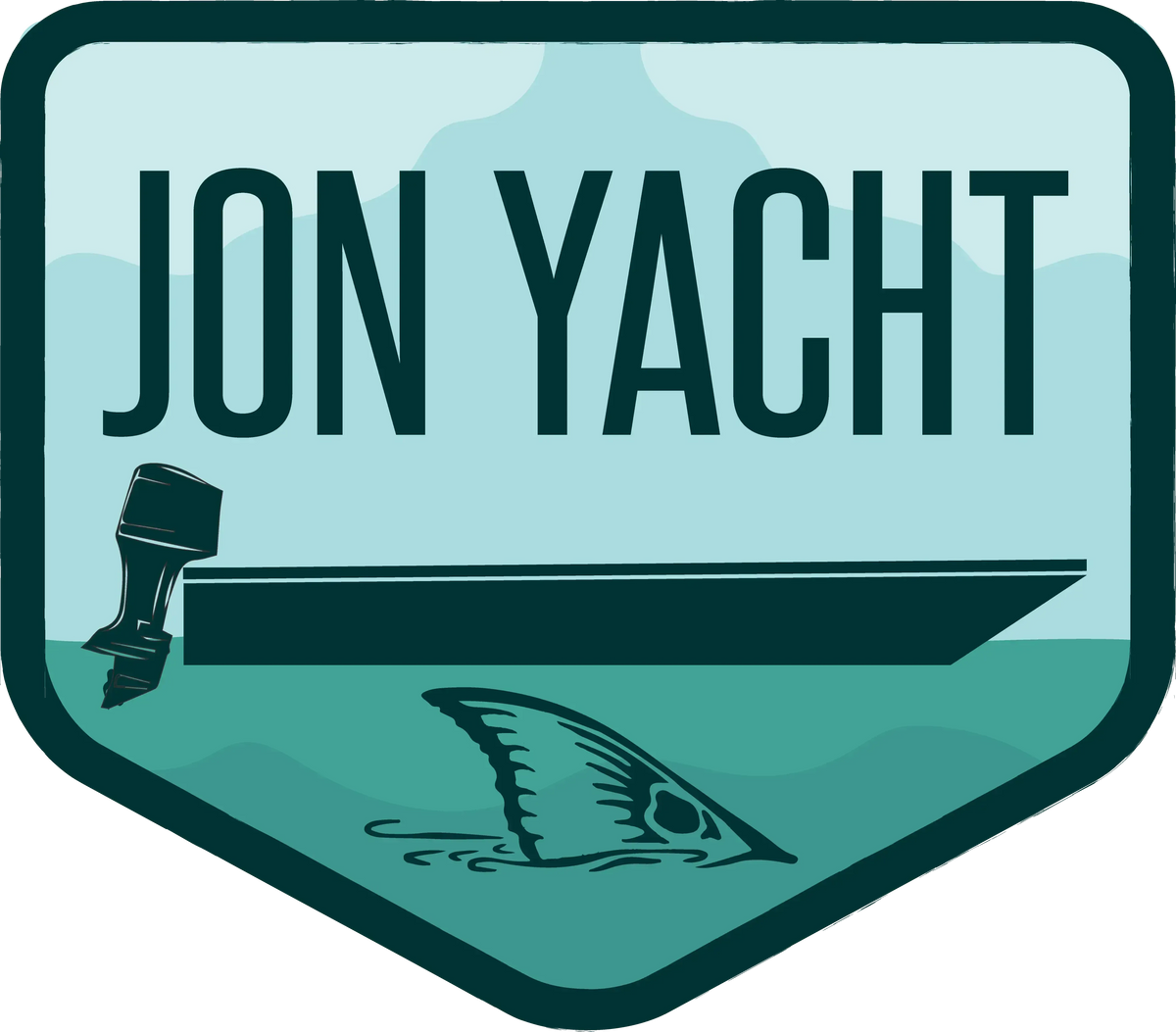 Jon Yacht Tailer 4" sticker: teal, light blue, and dark green design with a boat, outboard motor, and shark fin.