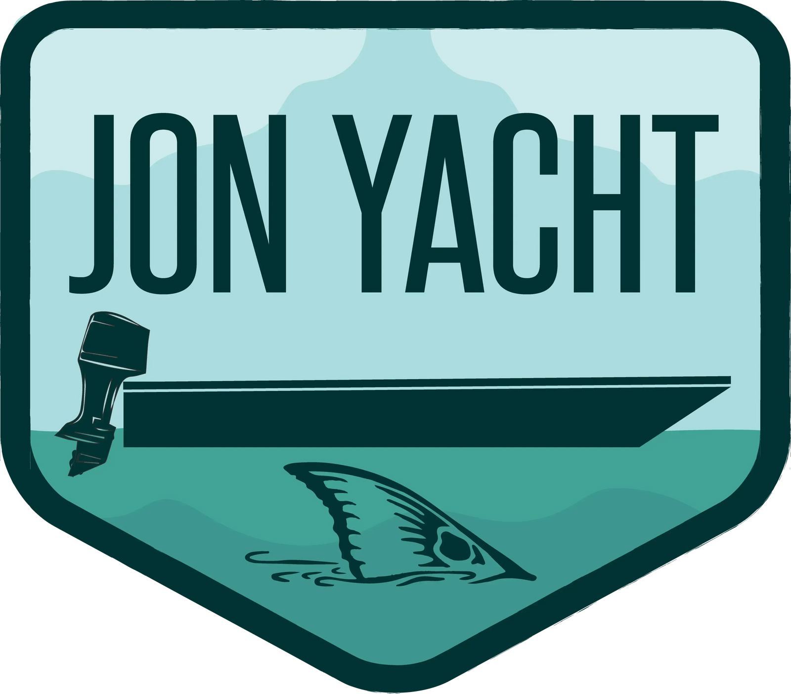 Jon Yacht Tailer 4" sticker with a black boat, motor, and shark fin on a light blue water background.