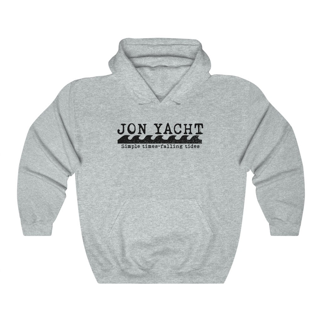 Light grey Jonny Waves hooded sweatshirt with "JON YACHT" and wave graphic, kangaroo pocket.