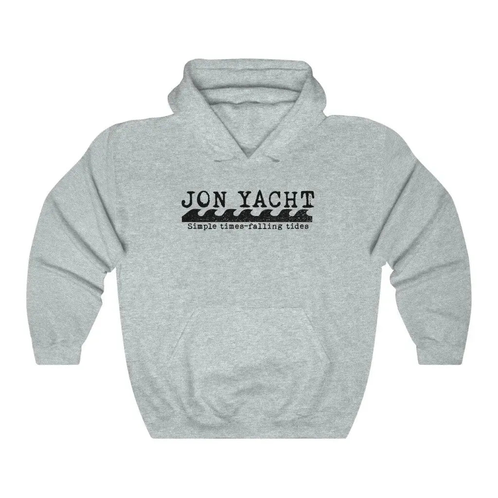 Light grey Jonny Waves hooded sweatshirt with "JON YACHT" and wave graphic, kangaroo pocket.
