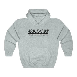 Light grey Jonny Waves hooded sweatshirt with "JON YACHT" and wave graphic, kangaroo pocket.