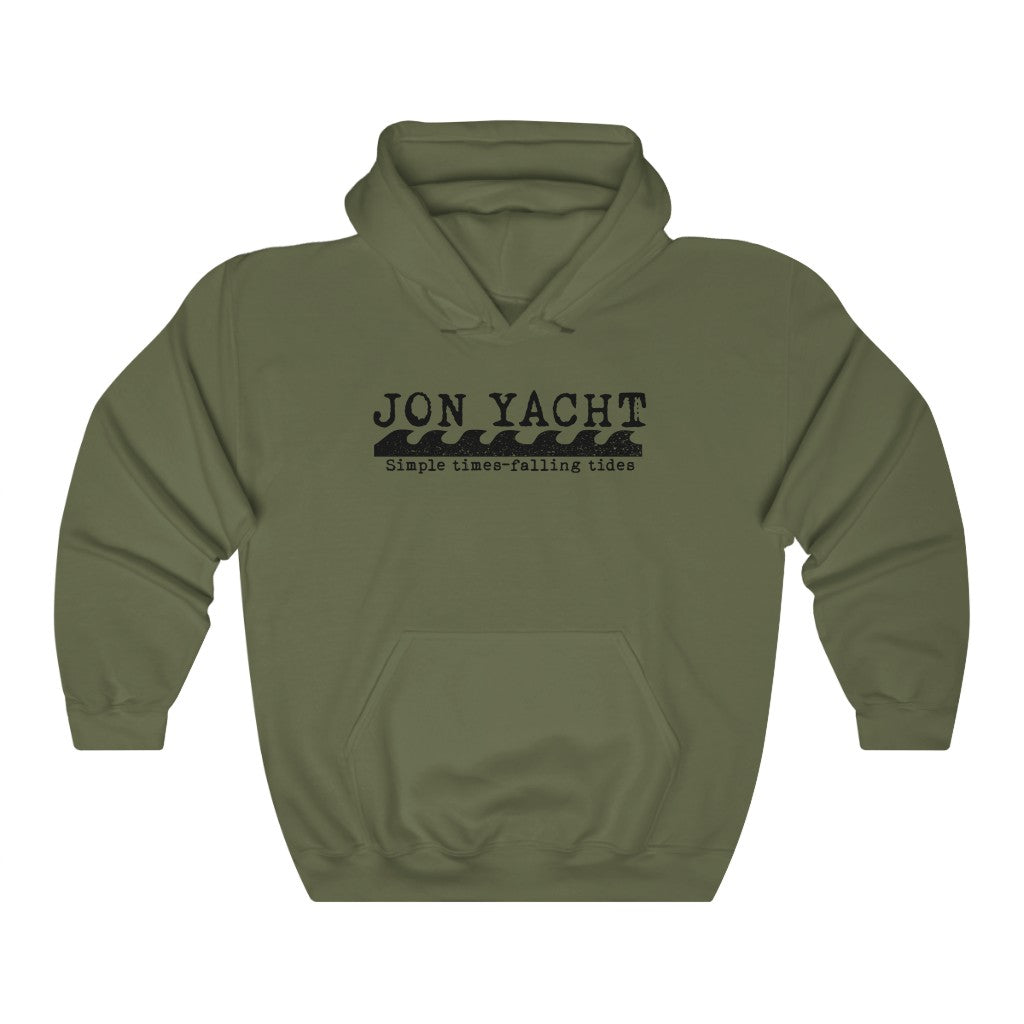 Jon Yacht olive green hooded sweatshirt with black wave graphic and kangaroo pocket.