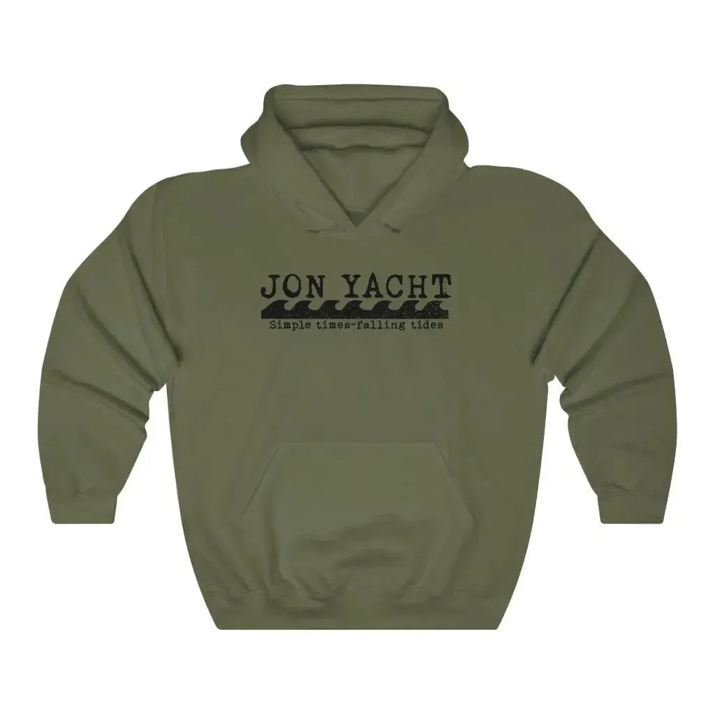Jon Yacht olive green hooded sweatshirt with black wave graphic and kangaroo pocket.