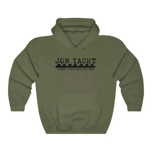 Jon Yacht olive green hooded sweatshirt with black wave graphic and kangaroo pocket.