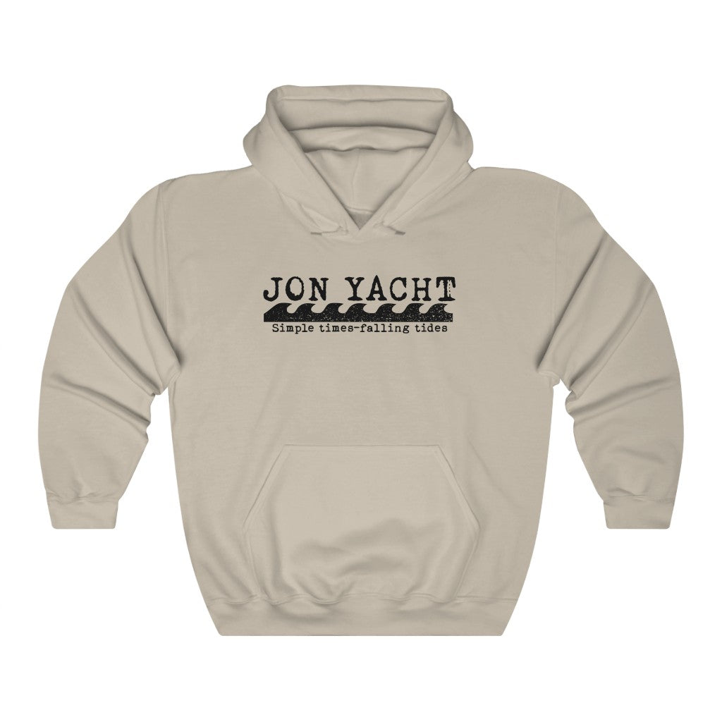 Jonny Waves sand-colored cotton-polyester blend hooded sweatshirt with "JON YACHT" and wave graphic.