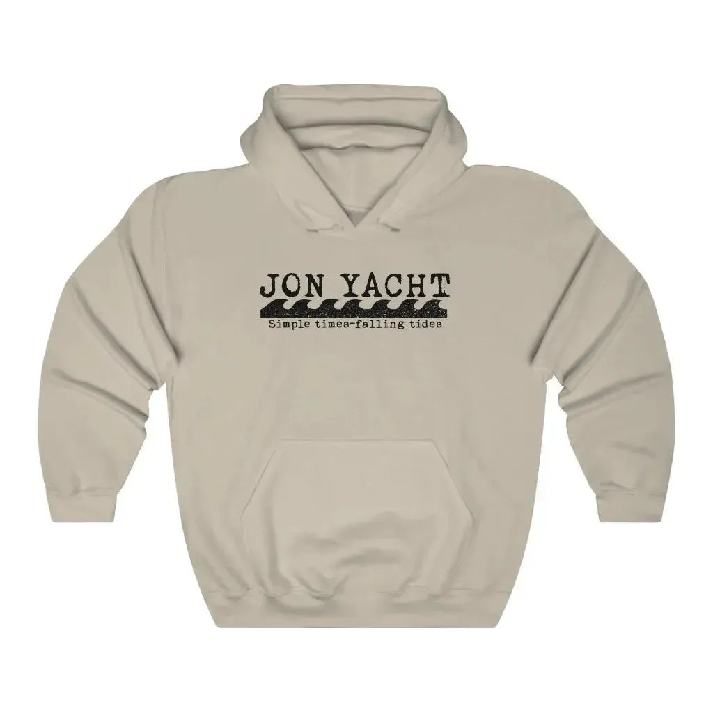 Jonny Waves sand-colored cotton-polyester blend hooded sweatshirt with "JON YACHT" and wave graphic.